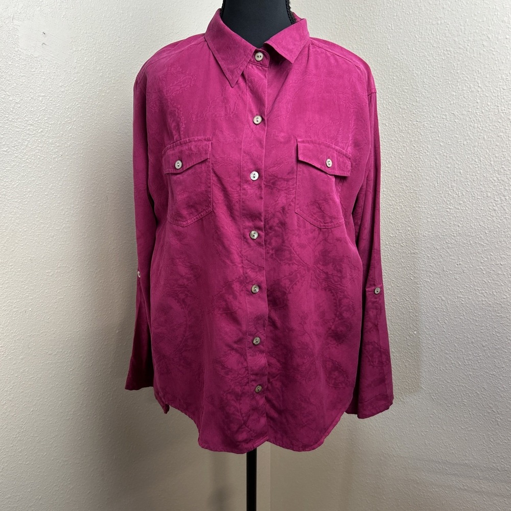 Chicos Collared Tunic Blouse Women's 2 Pink‎ Paisley Roll Tab Sleeve 100 % Silk